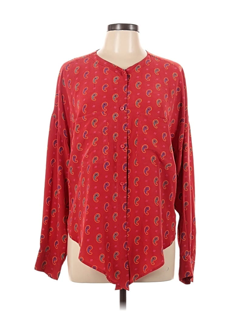 Pre-owned Linda Allard Ellen Tracy Long Sleeve Silk Top Red Keyhole Neckline Tops