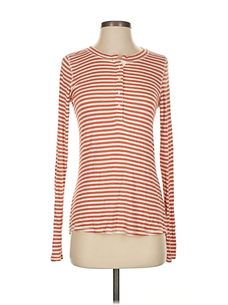 PURE AND GOOD Pre-owned Long Sleeve Top Orange Stripes Pattern Mock Neckline Tops