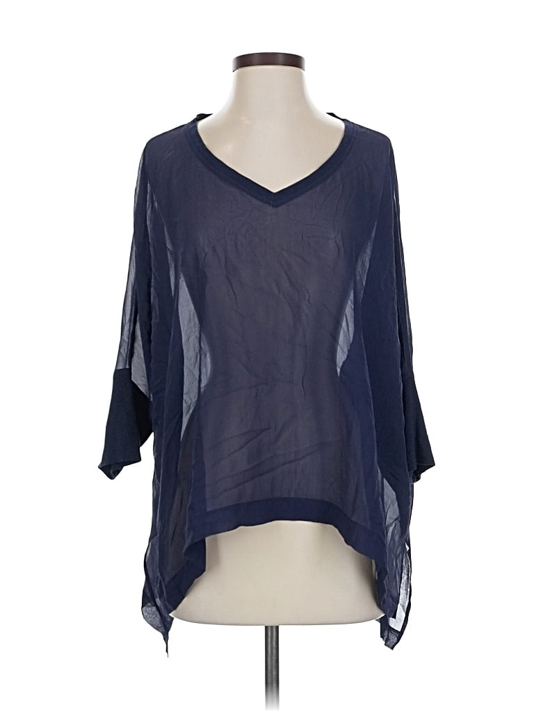 Pre-owned Eileen Fisher 3/4 Sleeve Silk Top Blue V Neck Tops