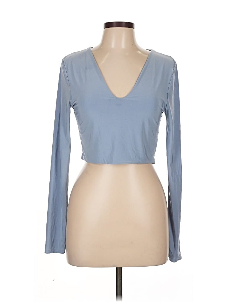 Pre-owned Prettylittlething Long Sleeve Top Blue Plunge Neckline Tops