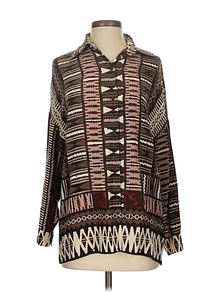 Pre-owned Linda Allard Ellen Tracy Long Sleeve Silk Top Brown Collared Neckline Tops