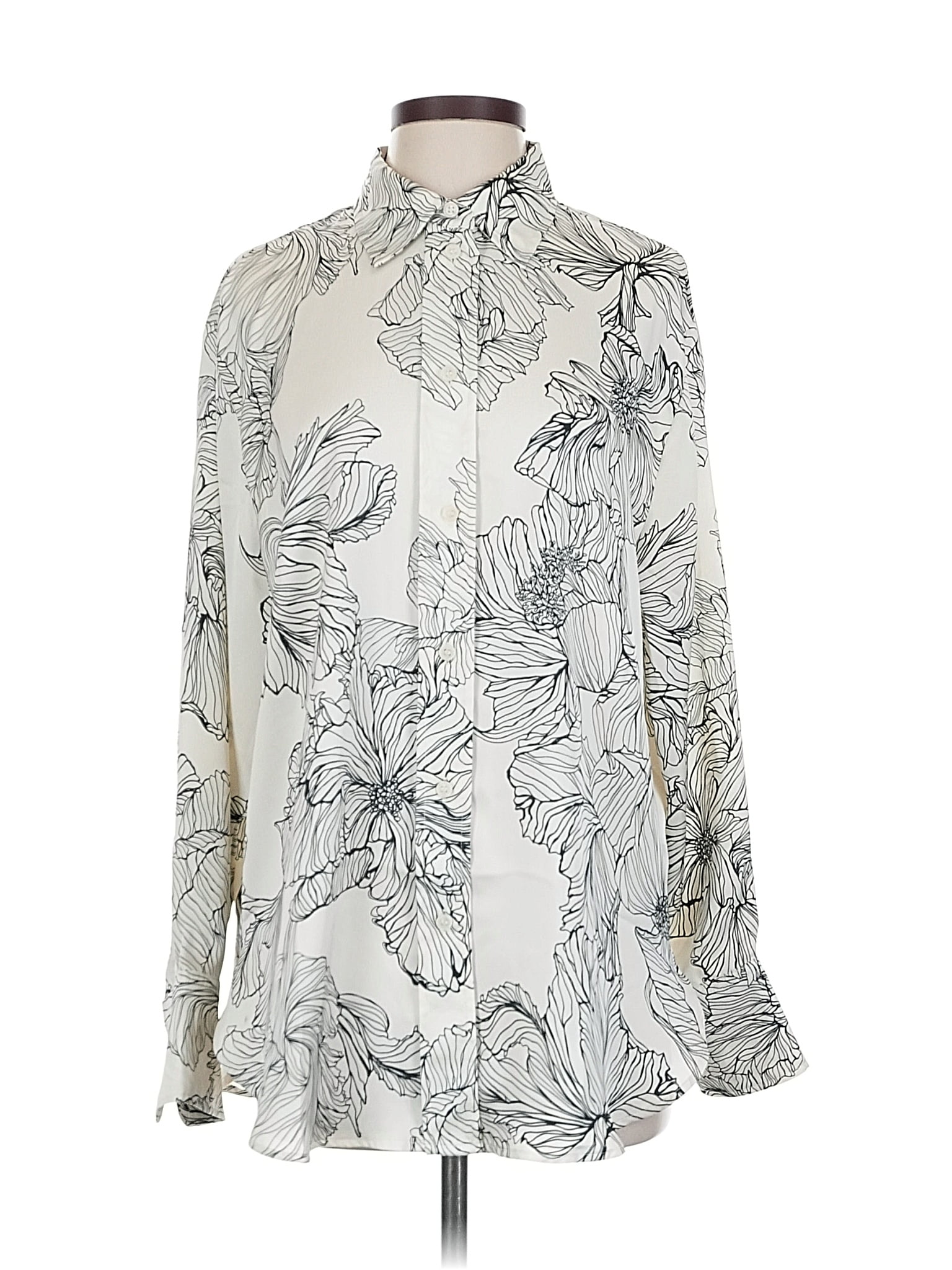 H&M 100% Polyester Print Ivory Long Sleeve Blouse Size S