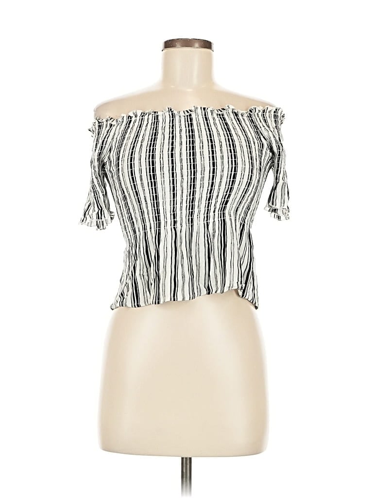Pre-owned Kendall & Kylie Short Sleeve Top White Stripes Pattern Boatneck Tops