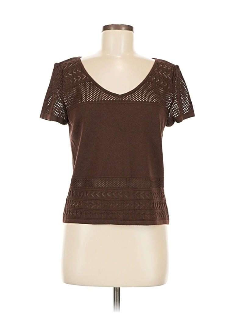 ST. JOHN COLLECTION BY MARIE GRAY Pre-owned Short Sleeve Top Brown Solid Pattern V Neck Tops