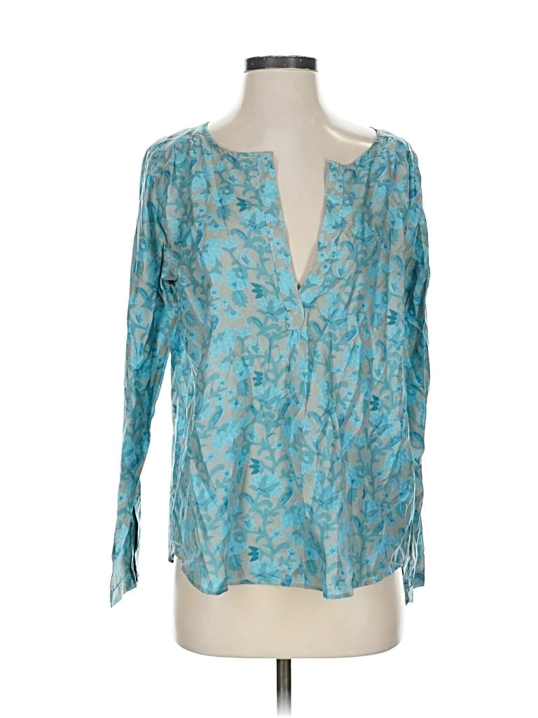 Pre-owned Calypso St Barth Long Sleeve Silk Top Teal Plunge Neckline Tops In Blue