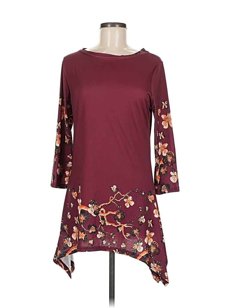 Pre-owned Lily By Firmiana 3/4 Sleeve Top Burgundy Floral Pattern Boatneck Tops