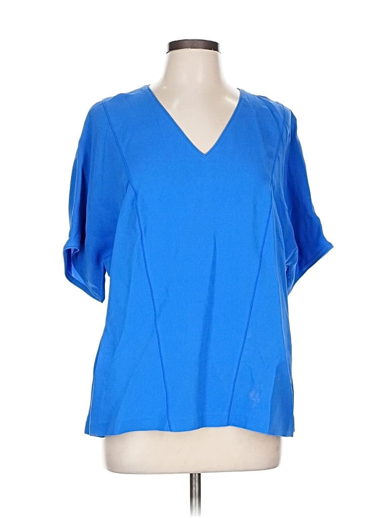 Pre-owned Lafayette 148 Short Sleeve Silk Top Blue V Neck Tops