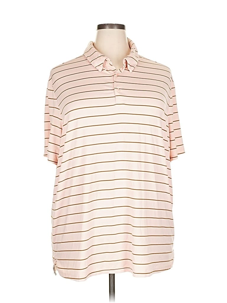 Pre-owned All In Motion Short Sleeve Top Tan Stripes Pattern Collared Neckline Tops In Brown