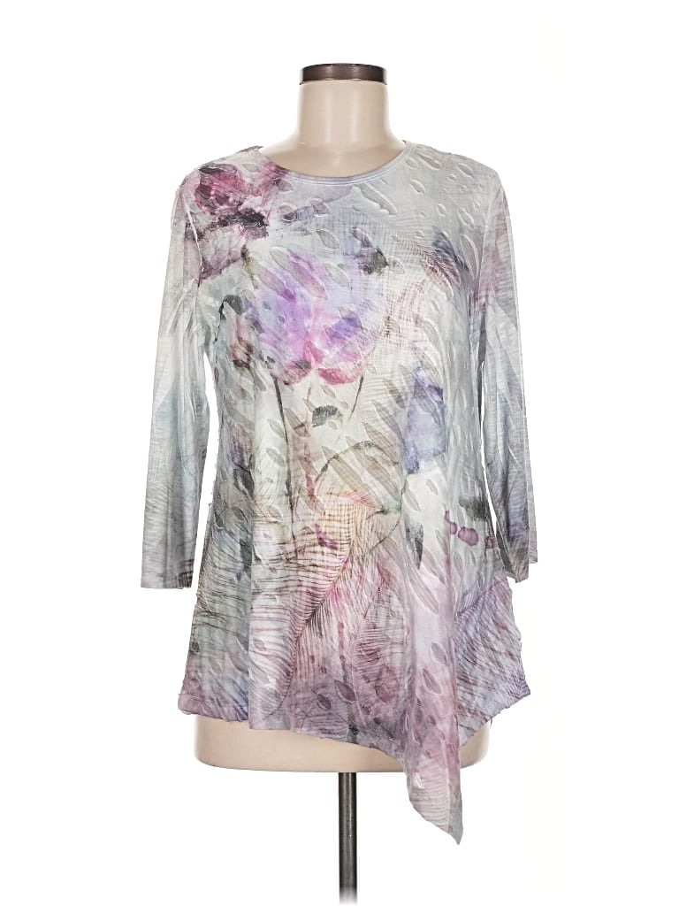 Pre-owned Unbranded 3/4 Sleeve Top Gray Floral Pattern Boatneck Tops