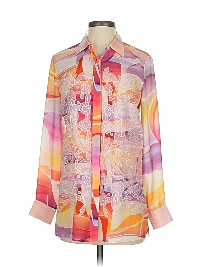 Pre-owned Robert Graham Long Sleeve Silk Top Orange Print Pattern Tie Neck Tops