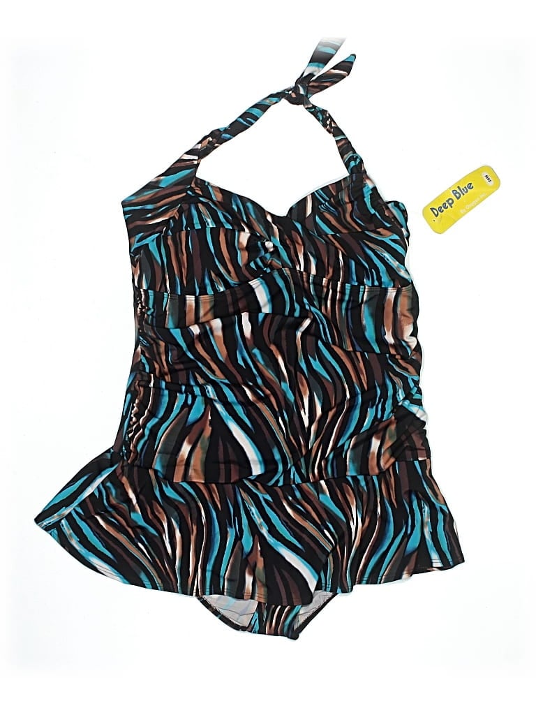 Click to view more detailed imagery on our partner's website Pre-owned Deep Blue Swimsuit Top Brown Animal Print Pattern Swimwear