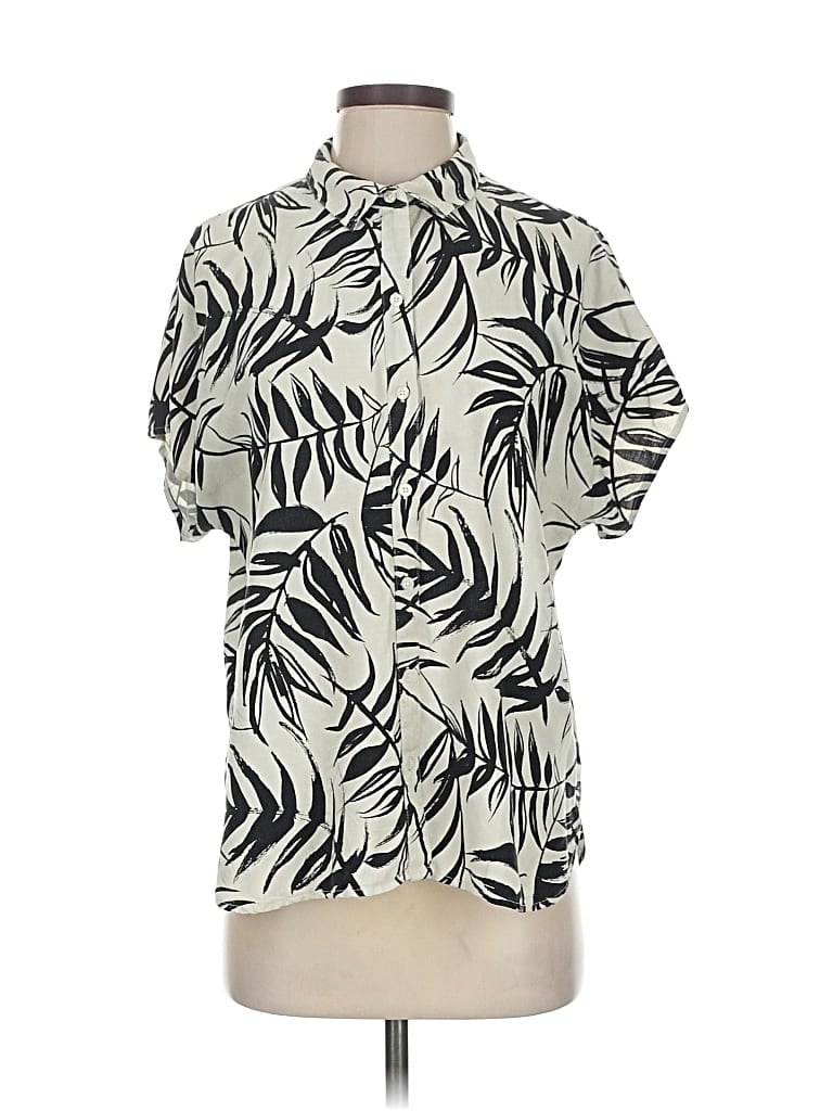 Pre-owned Tommy Bahama Short Sleeve Silk Top Ivory Tropical Pattern Mock Neckline Tops In White