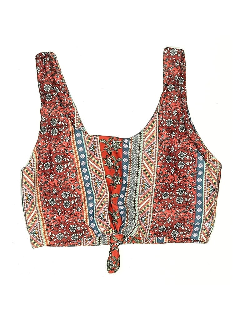 Pre-owned Unbranded Swimsuit Top Red Floral Pattern Scoop Neck Swimwear