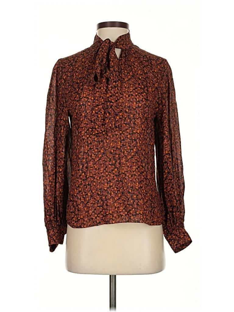 Pre-owned Theory Long Sleeve Silk Top Brown Animal Print Pattern Tie Neck Tops