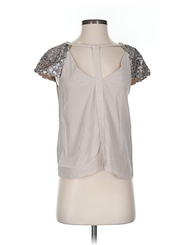 Pre-owned Bcbgmaxazria Short Sleeve Silk Top Silver Sweetheart Neckline Tops