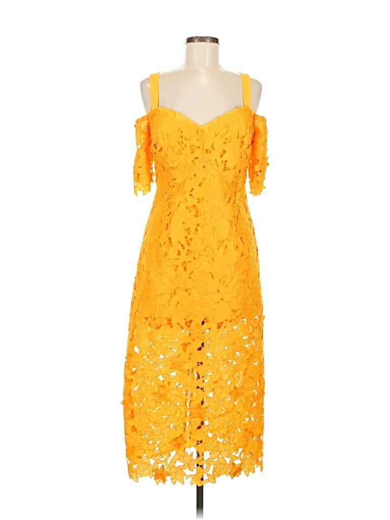 Zac Posen Guipure Lace Cold-shoulder Midi Sheath Dress In Yellow