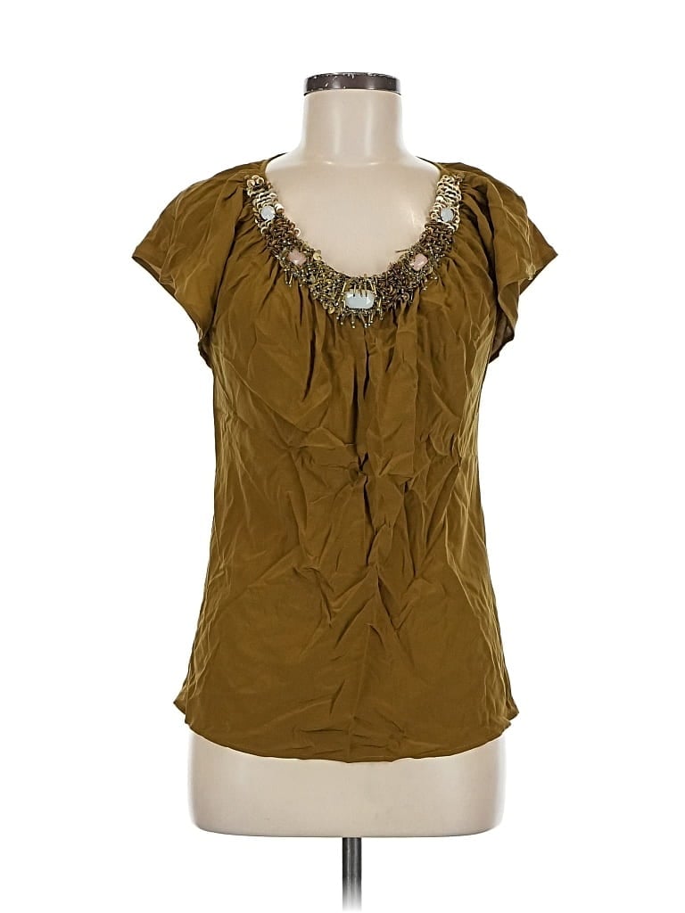 Pre-owned Twelfth Street By Cynthia Vincent Short Sleeve Silk Top Brown Scoop Neck Tops