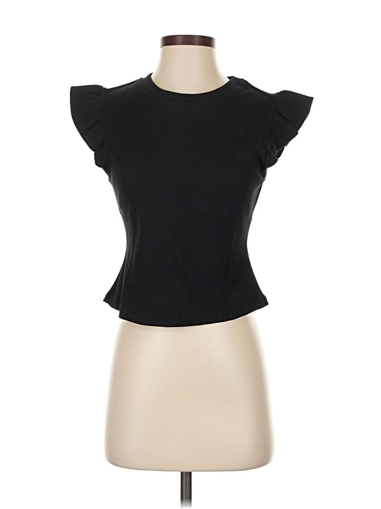 Pre-owned Free The Roses Short Sleeve Top Black Ruffles Neckline Tops