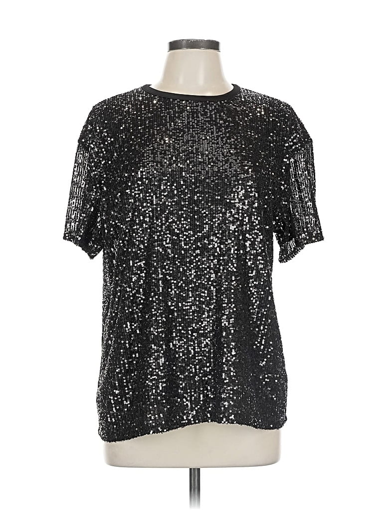 Pre-owned Inc International Concepts Short Sleeve Top Silver Metallic Pattern Crew Neck Tops