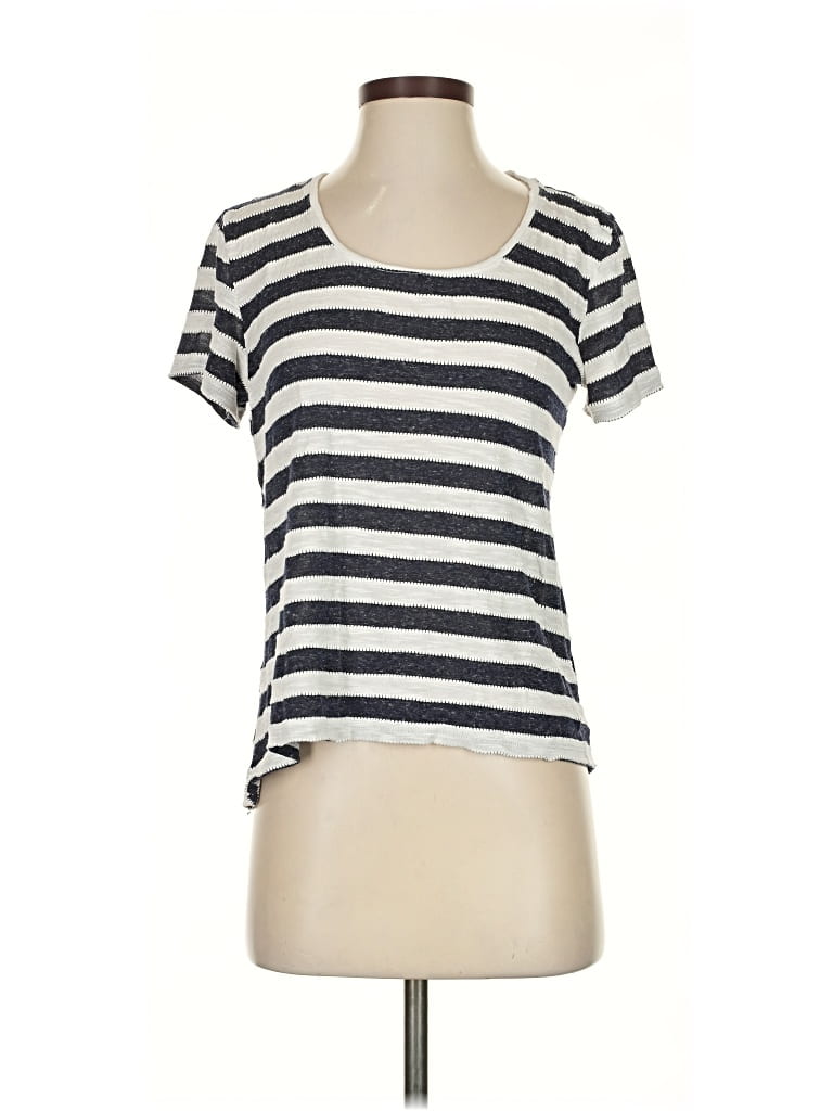 Pre-owned Vince Camuto Short Sleeve Top Ivory Stripes Pattern Scoop Neck Tops In White