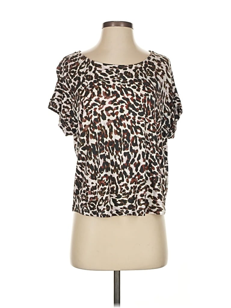 Pre-owned Cabi Short Sleeve Top Brown Animal Print Pattern Scoop Neck Tops