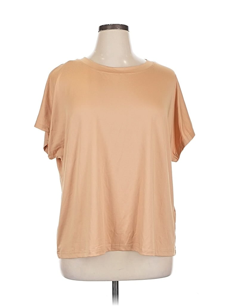 Shein Curve Short Sleeve Top Tan Crew Neck Tops In Brown