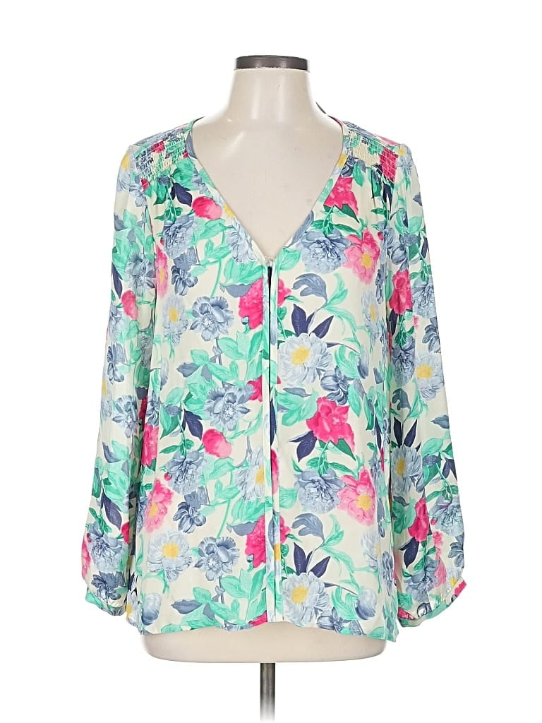 Pre-owned Joie Long Sleeve Silk Top Green Floral Pattern Plunge Neckline Tops