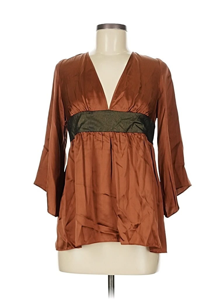 Pre-owned Laundry By Design 3/4 Sleeve Silk Top Brown Plunge Neckline Tops