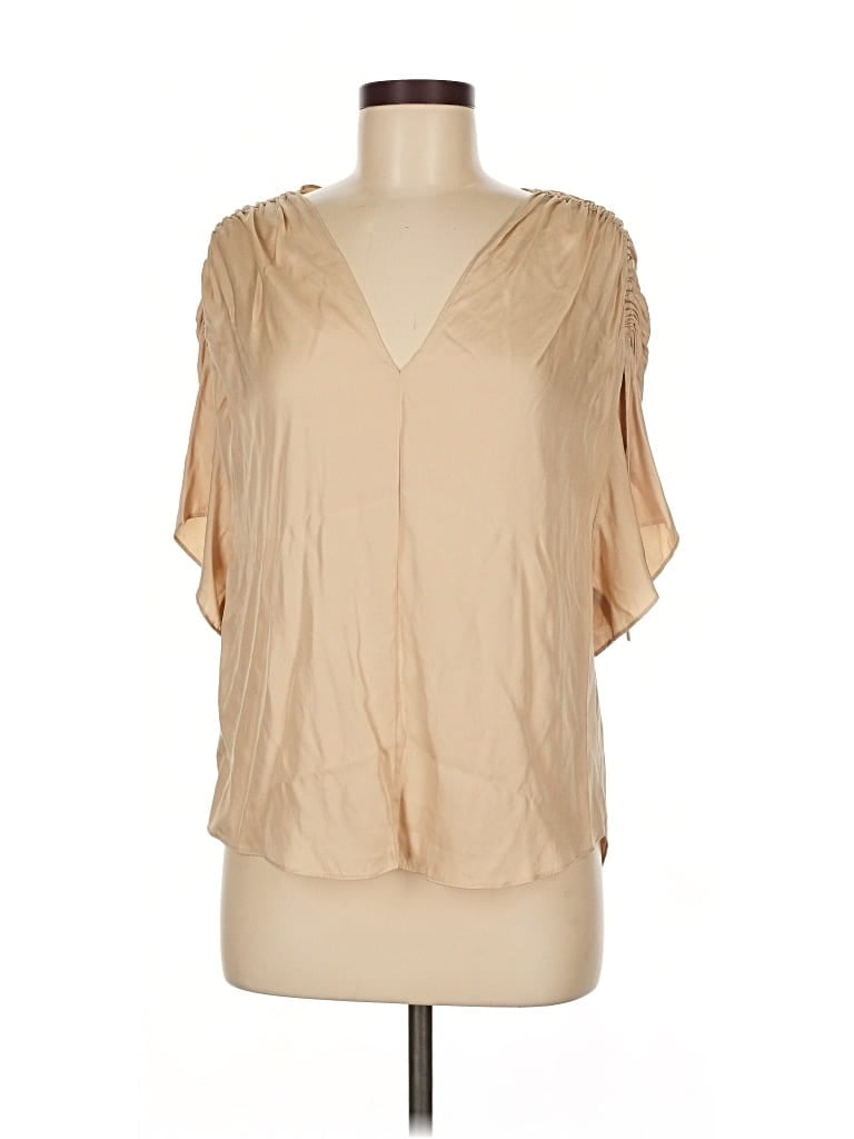 Pre-owned Vince Short Sleeve Silk Top Tan Plunge Neckline Tops In Brown