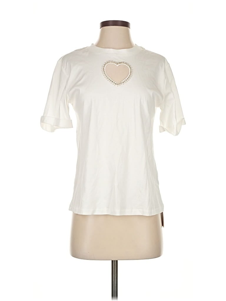 Pre-owned Motf Short Sleeve Top Ivory Keyhole Neckline Tops In White