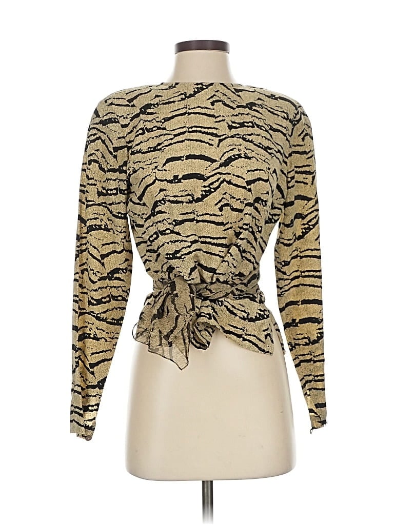 Pre-owned Linda Allard Ellen Tracy Long Sleeve Silk Top Tan High Neck Tops In Brown