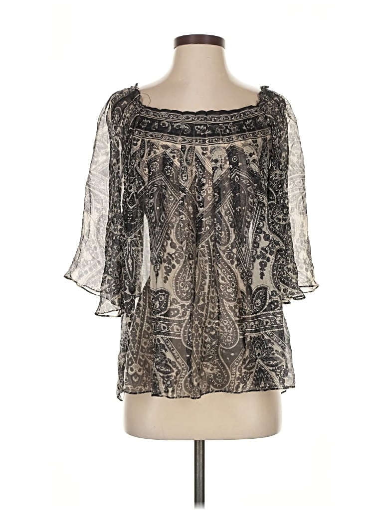 Pre-owned Milly 3/4 Sleeve Silk Top Silver Square Neckline Tops