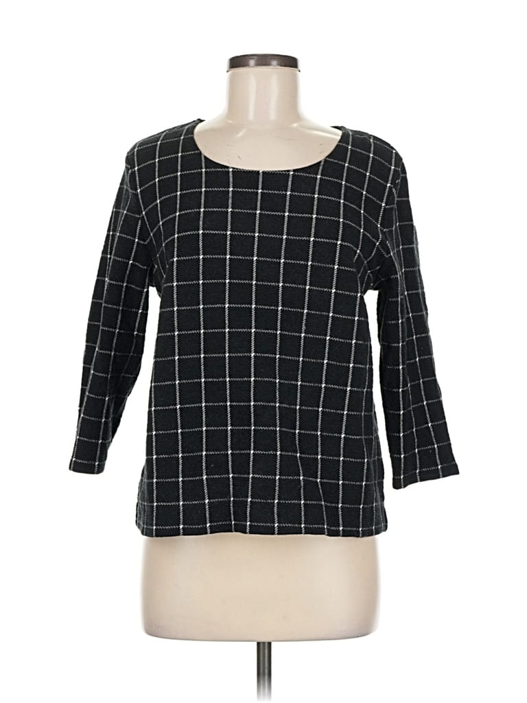 Pre-owned Coldwater Creek 3/4 Sleeve Top Black Plaid Pattern Scoop Neck Tops