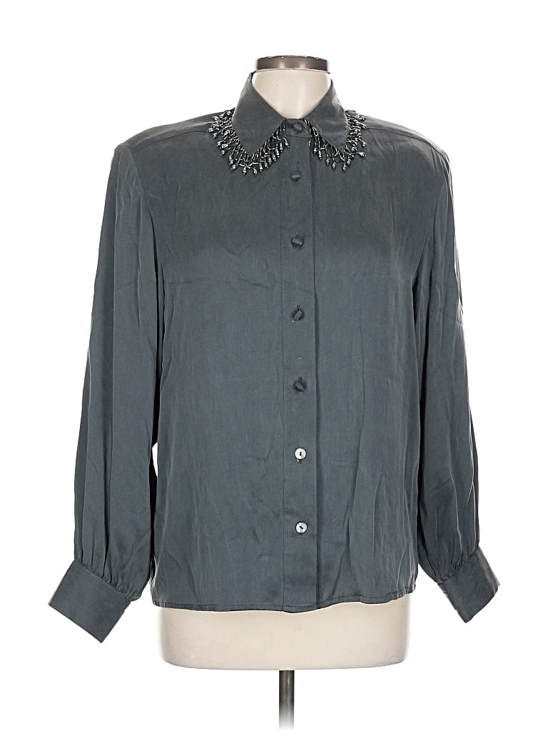 Pre-owned Caché Long Sleeve Silk Top Gray Collared Neckline Tops