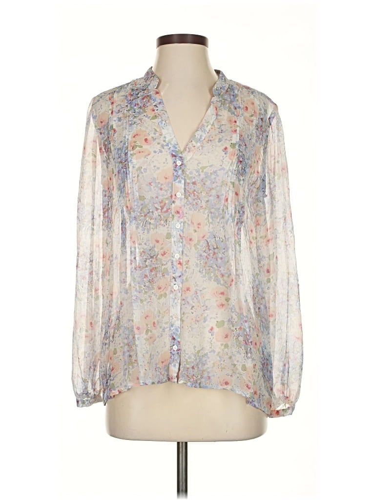 Click to view more detailed imagery on our partner's website Pre-owned Joie Long Sleeve Silk Top Ivory Floral Pattern Plunge Neckline Tops In White