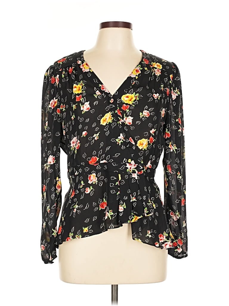 Pre-owned Veronica Beard Long Sleeve Silk Top Black Floral Pattern Plunge Neckline Tops