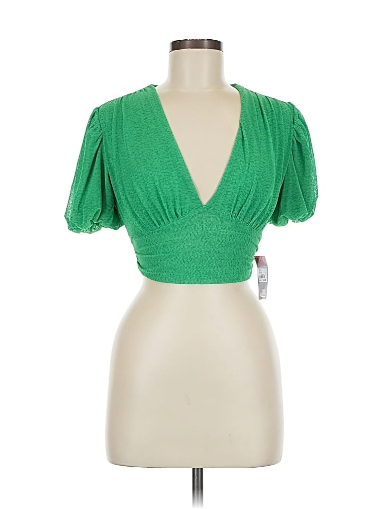 Pre-owned Privy Short Sleeve Top Green Plunge Neckline Tops