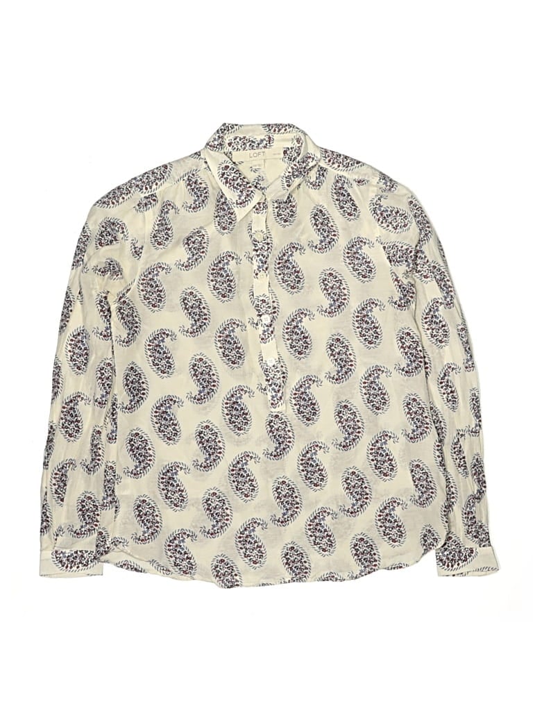 Pre-owned Ann Taylor Loft Long Sleeve Silk Top Ivory Paisley Pattern Keyhole Neckline Tops In White