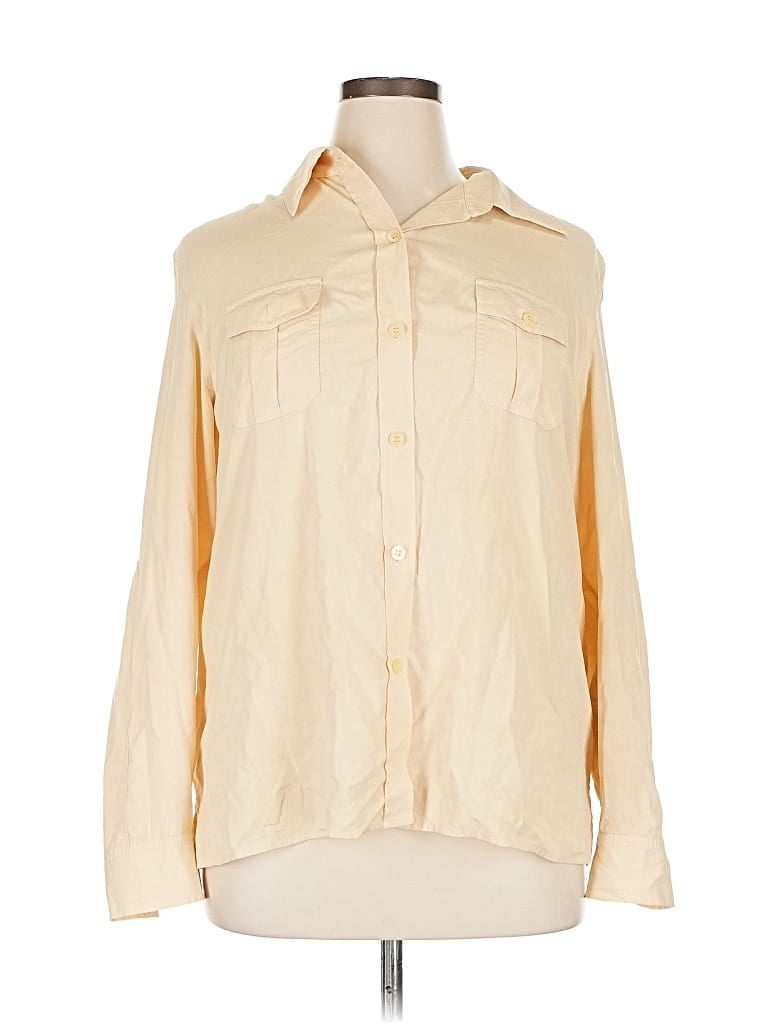 Pre-owned Liz Claiborne Long Sleeve Silk Top Ivory Color Block Pattern Collared Neckline Tops In White