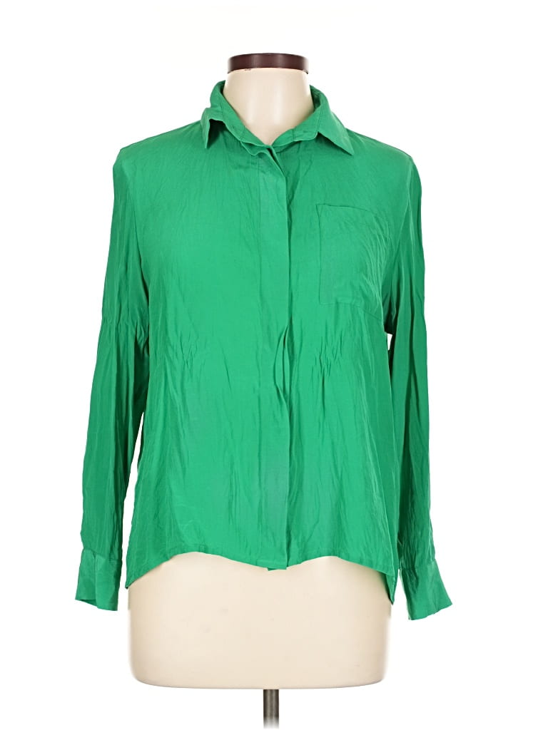 Pre-owned Maje Long Sleeve Silk Top Green Tie Neck Tops