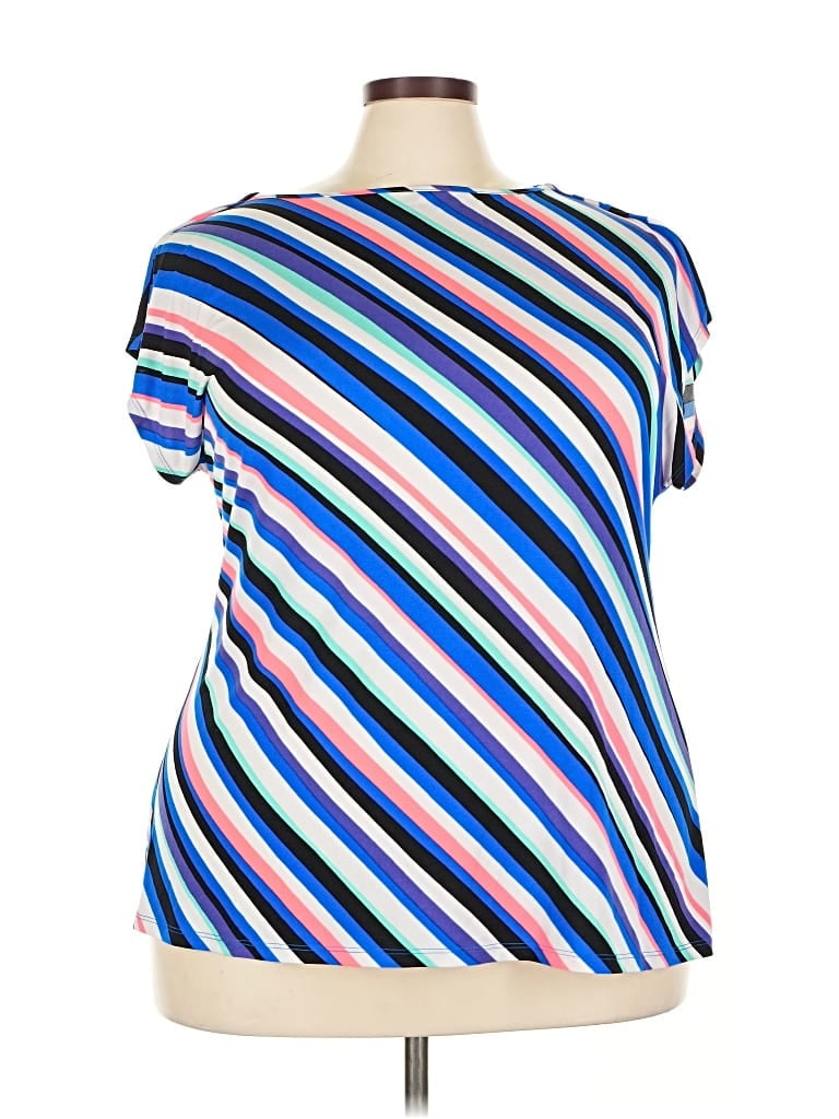 Pre-owned Lane Bryant Short Sleeve Top Blue Stripes Pattern One Shoulder Neckline Tops