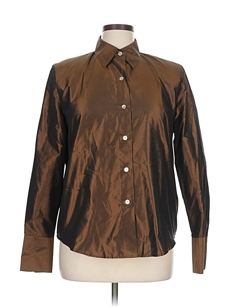 Pre-owned Linda Allard Ellen Tracy Long Sleeve Button Down Shirt In Brown