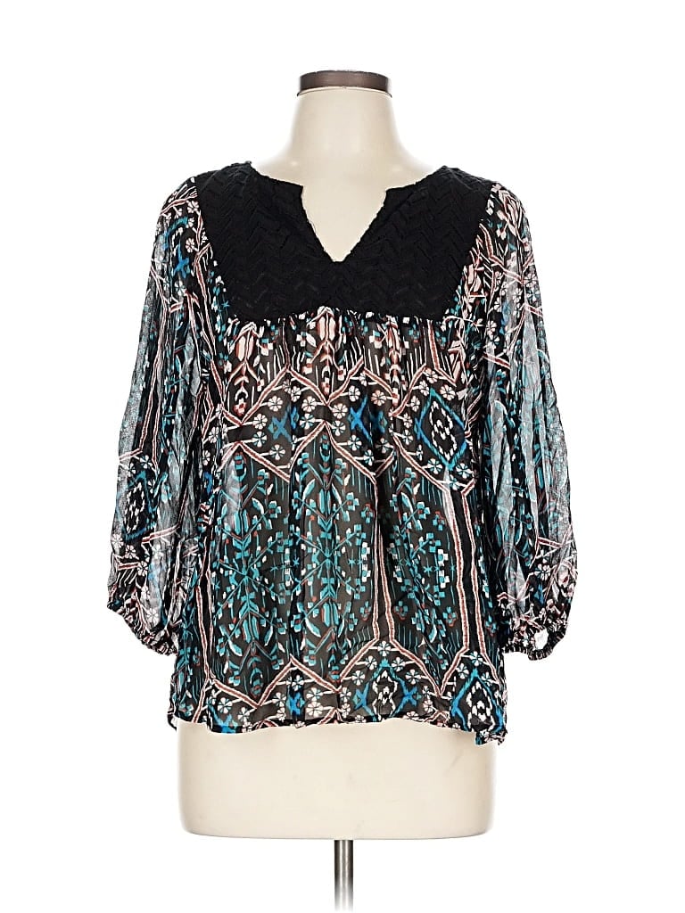 Pre-owned Ella Moss 3/4 Sleeve Silk Top Teal V Neck Tops In Blue