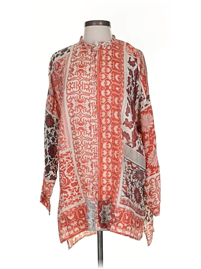 Click to view more detailed imagery on our partner's website Pre-owned Johnny Was Long Sleeve Silk Top Red Paisley Pattern Mock Neckline Tops
