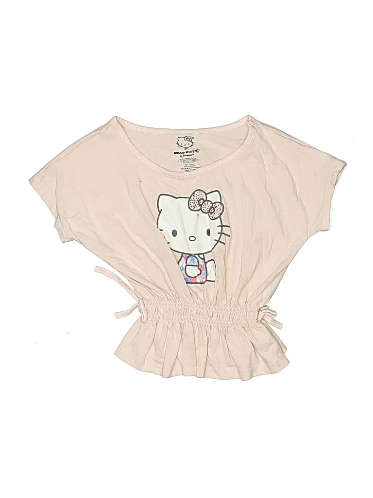 Pre-owned Hello Kitty Kids' Short Sleeve Top Tan Keyhole Neckline Tops In Brown