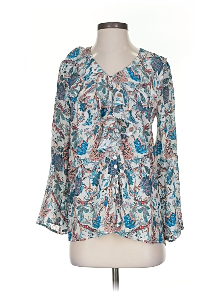 Click to view more detailed imagery on our partner's website Pre-owned Tolani 3/4 Sleeve Silk Top Teal Keyhole Neckline Tops In Blue