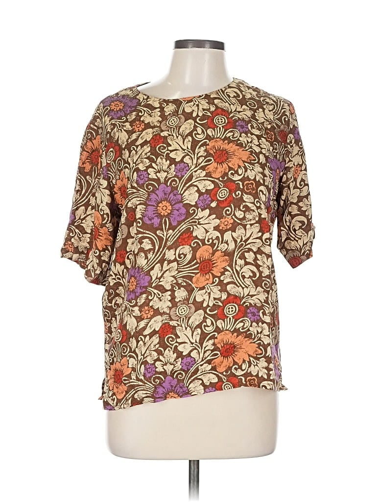 Pre-owned Anne Klein Ii Short Sleeve Silk Top Brown Boatneck Tops