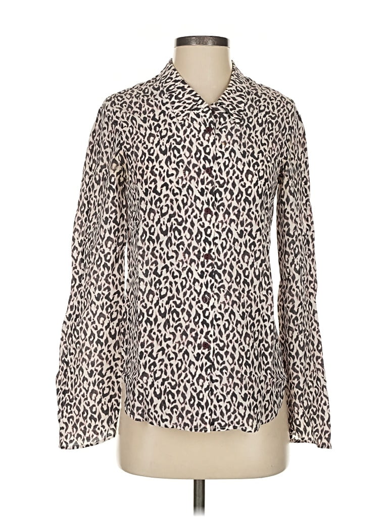 Pre-owned Theyskens' Theory Long Sleeve Silk Top Ivory Animal Print Pattern Tie Neck Tops