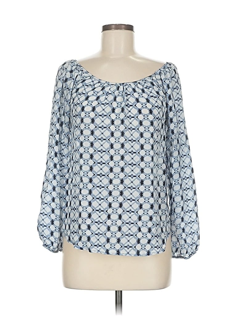 Pre-owned Karen Kane 3/4 Sleeve Silk Top Blue Stripes Pattern Scoop Neck Tops