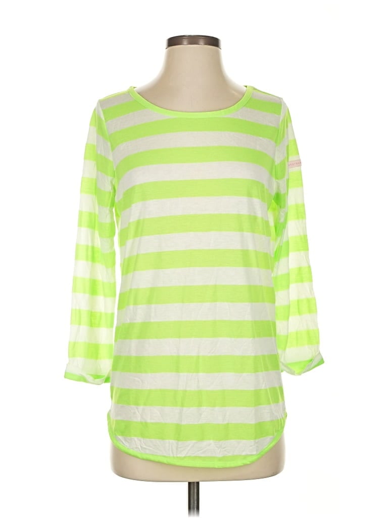 Pre-owned Gretchen Scott Designs 3/4 Sleeve Top Green Stripes Pattern Boatneck Tops